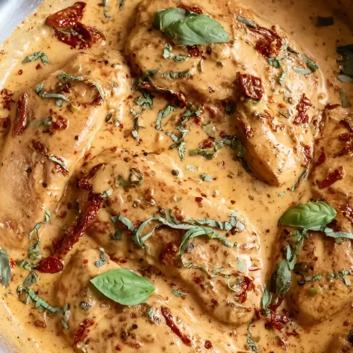 Chicken in skillet with rich creamy sauce and basil leaves