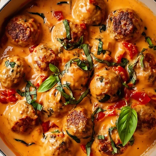 Chicken meatballs in sauce with fresh basil on beige cloth