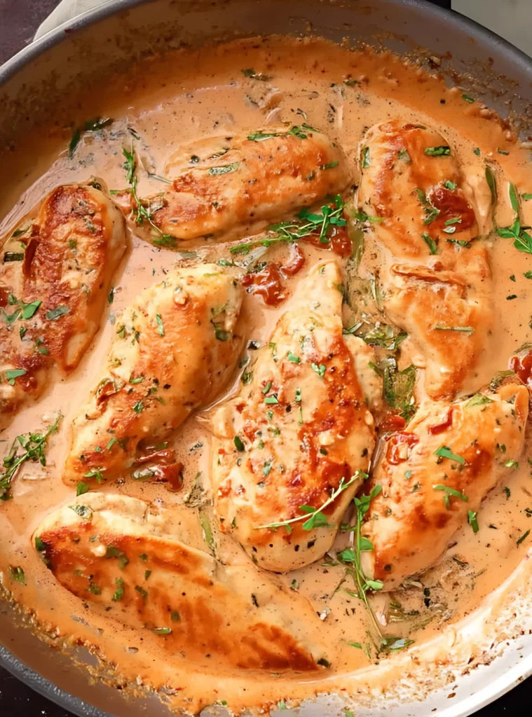 Chicken simmering in creamy tomato sauce
