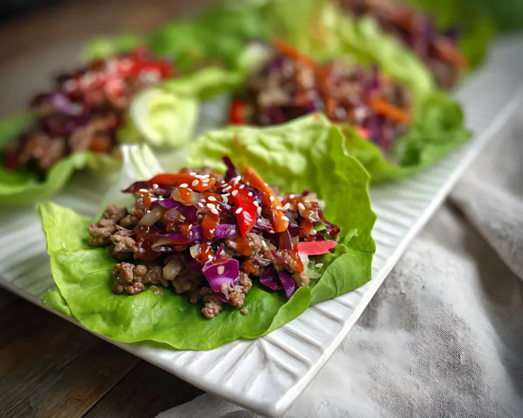 Close-up beef lettuce wrap with sauce