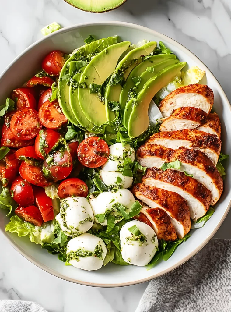 Close-up of caprese chicken salad bowl