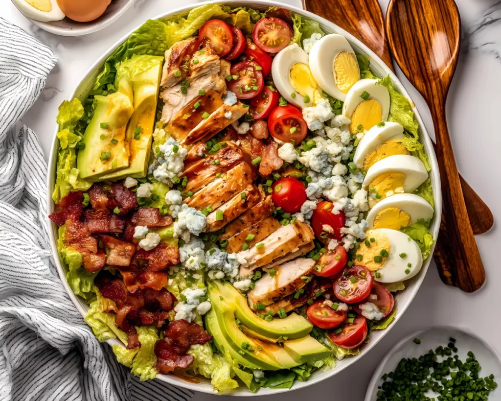 Cobb salad with grilled chicken bacon tomatoes and avocado