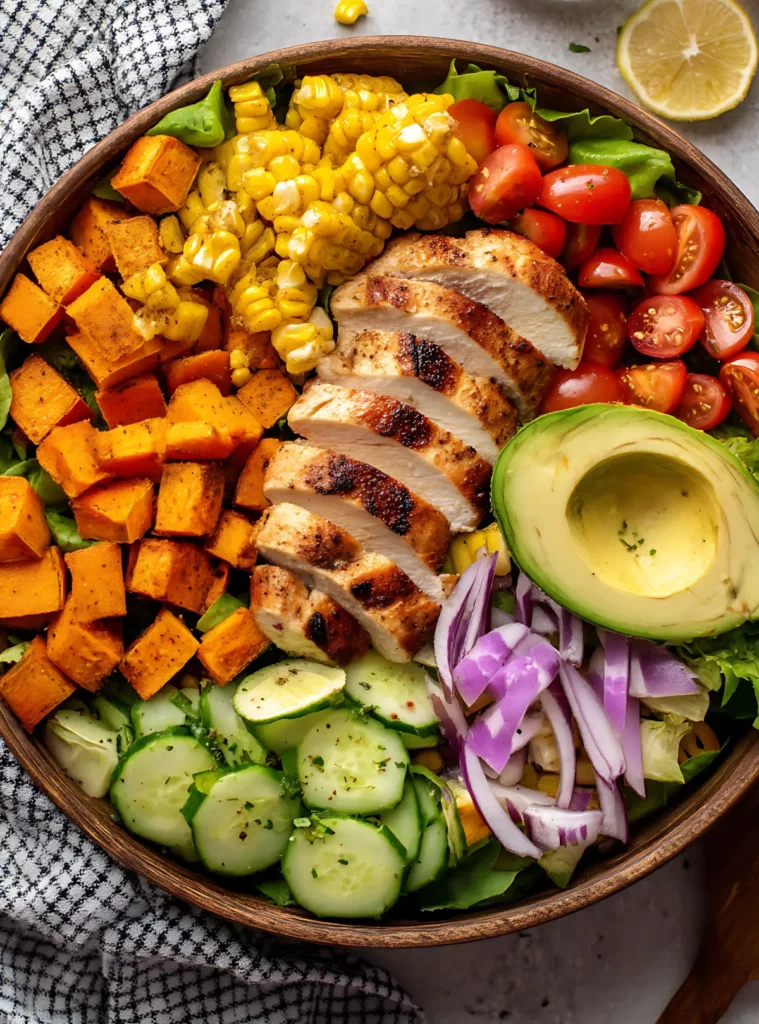 Colorful grilled chicken salad with lemon and herbs
