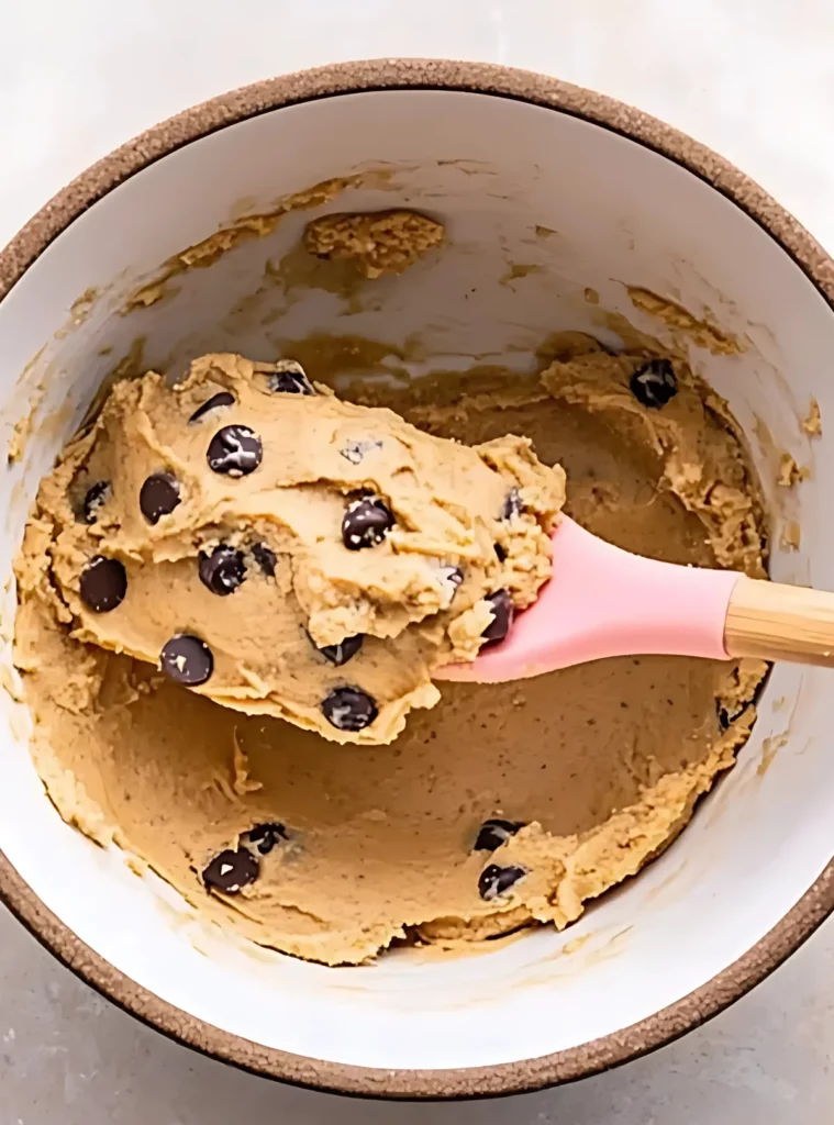 Cookie dough scoop in a bowl with pink spatula