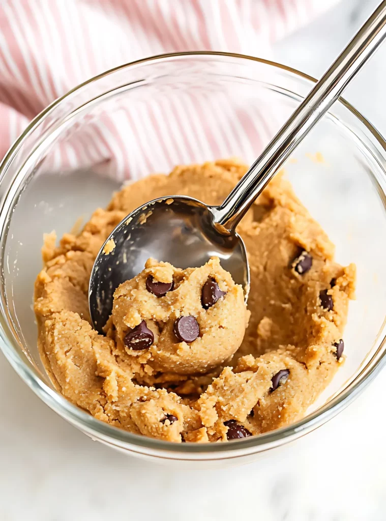 Cookie dough scoop in glass bowl