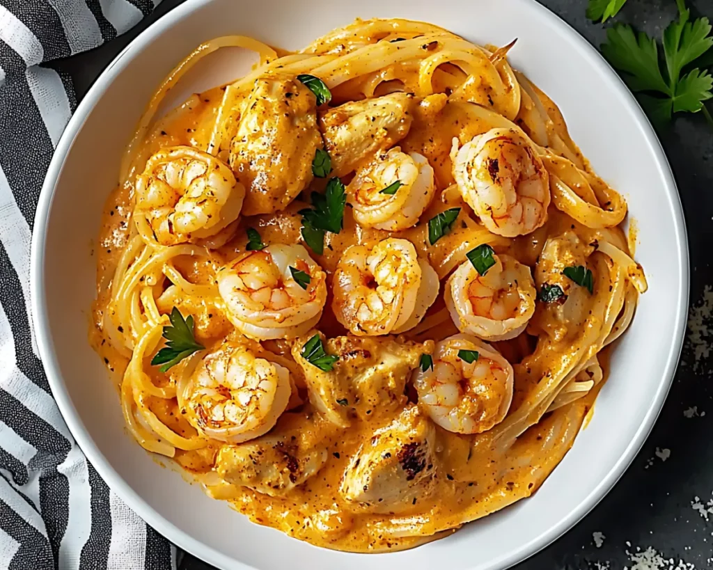 Creamy Cajun shrimp pasta in white bowl