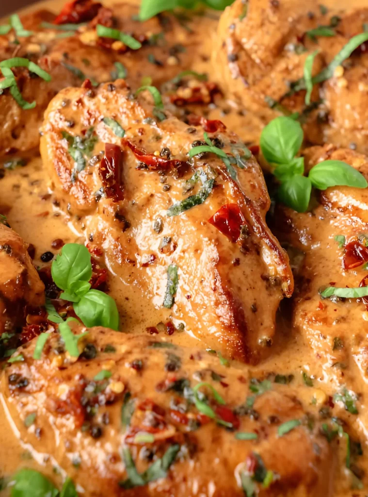 Creamy chicken breasts with basil in skillet