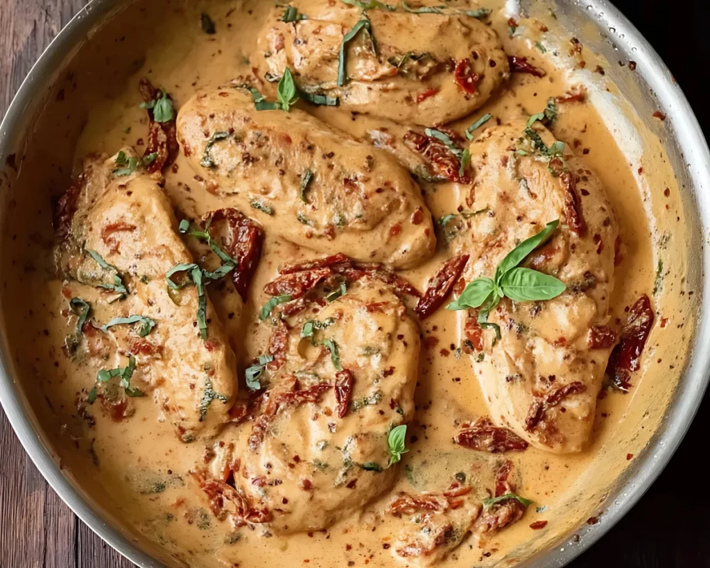 Creamy chicken breasts with sun-dried tomatoes and basil in skillet