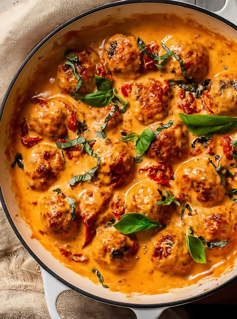 Creamy chicken meatballs in orange sauce with basil