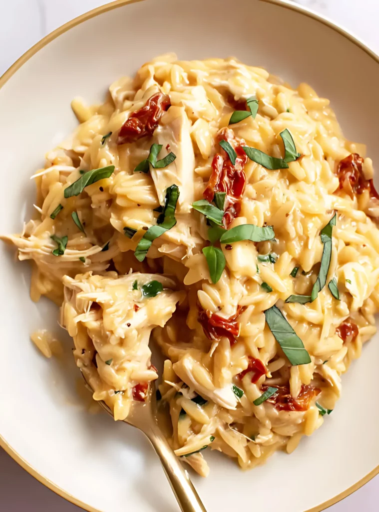Creamy chicken orzo plated with a golden fork