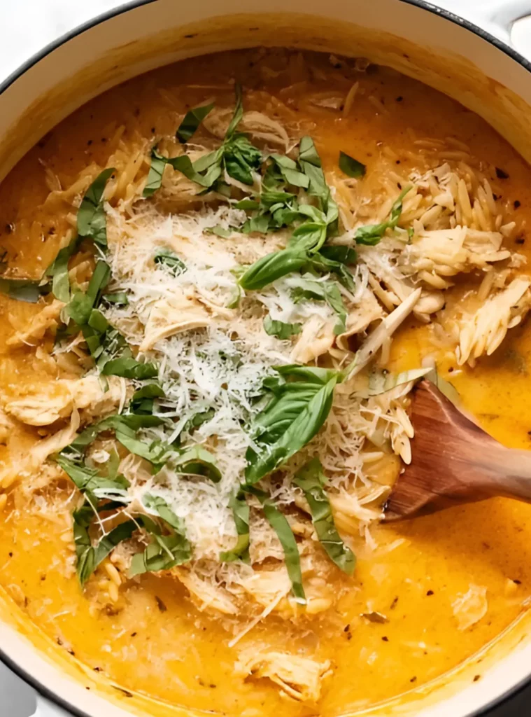 Creamy chicken orzo with basil and parmesan in a pot