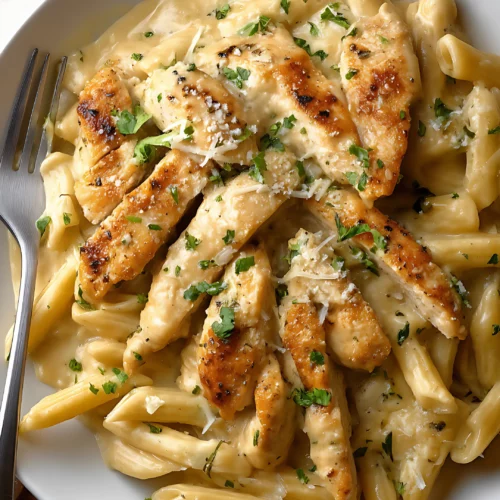 Creamy chicken penne pasta garnished with chopped parsley