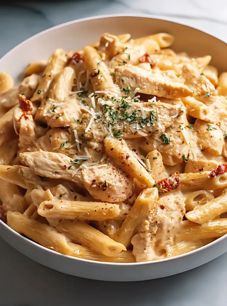 Creamy chicken penne pasta served in white bowl with herbs