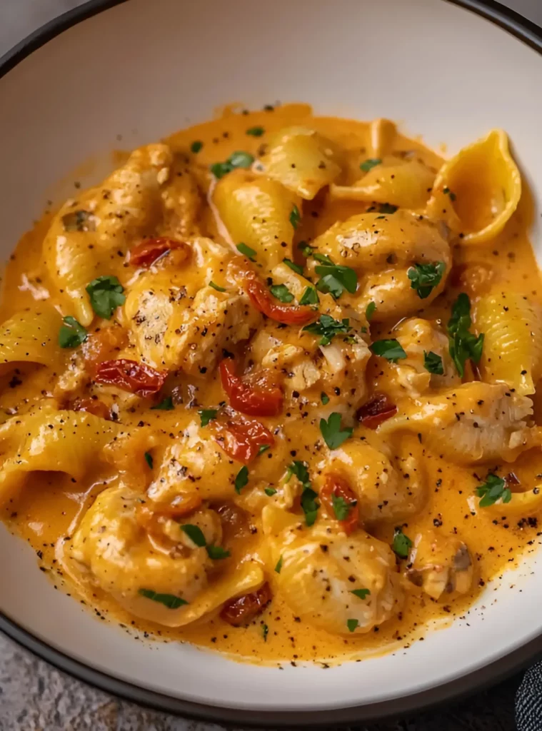 Creamy chicken shell pasta with black pepper