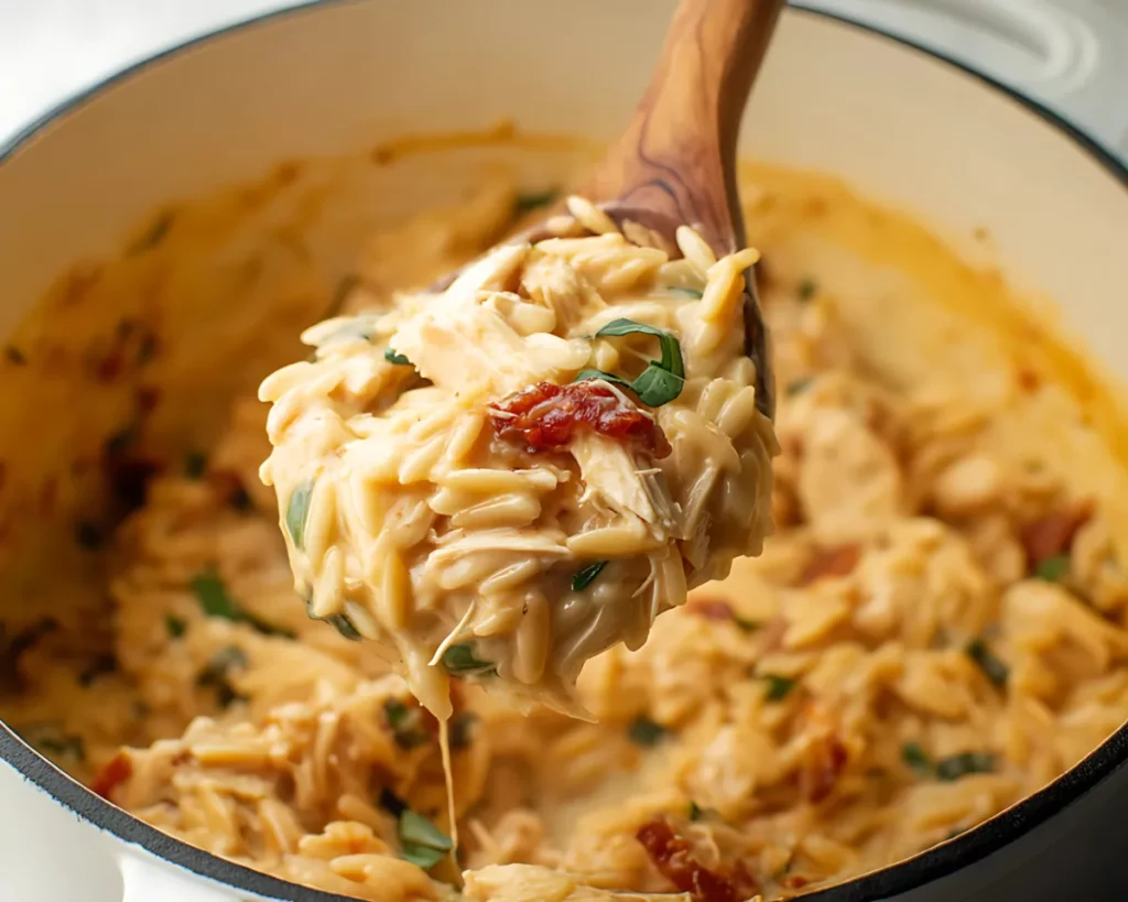 Creamy orzo with chicken and sun-dried tomatoes in a pot