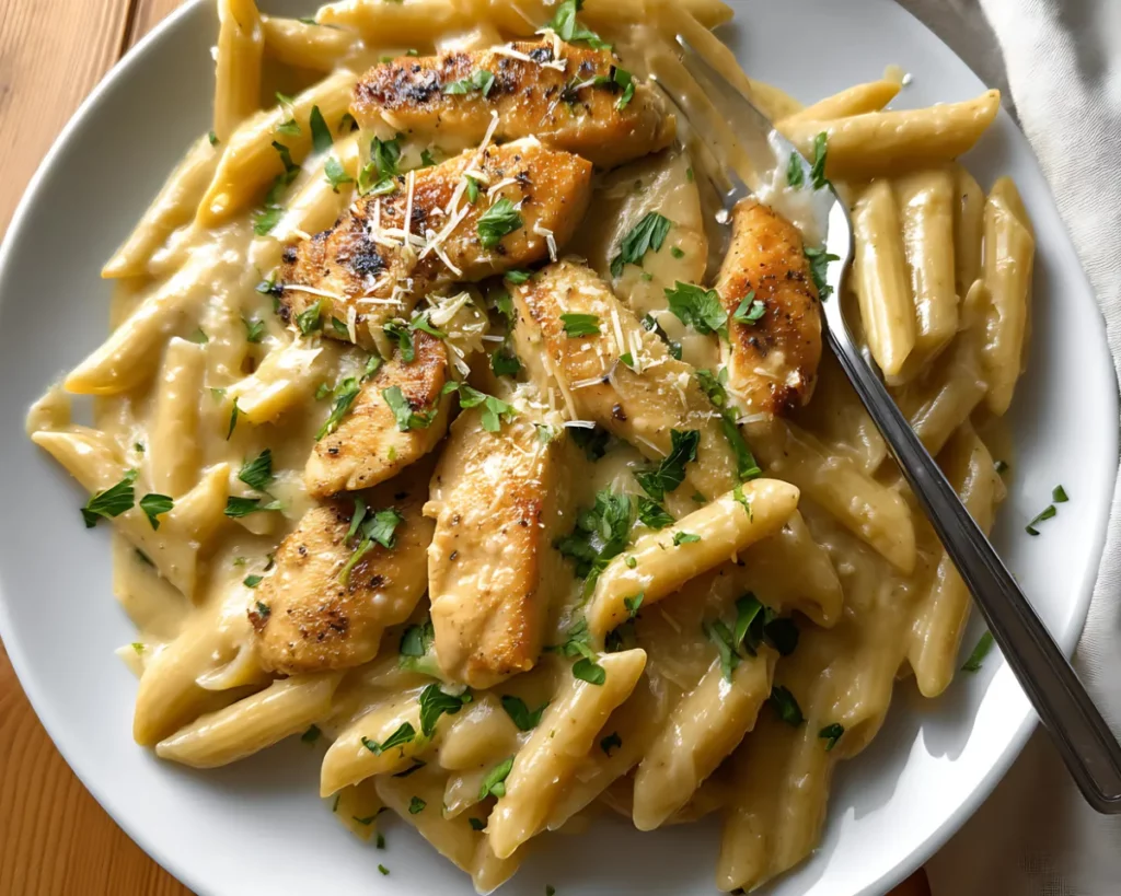 Creamy penne pasta with seared chicken on a large plate