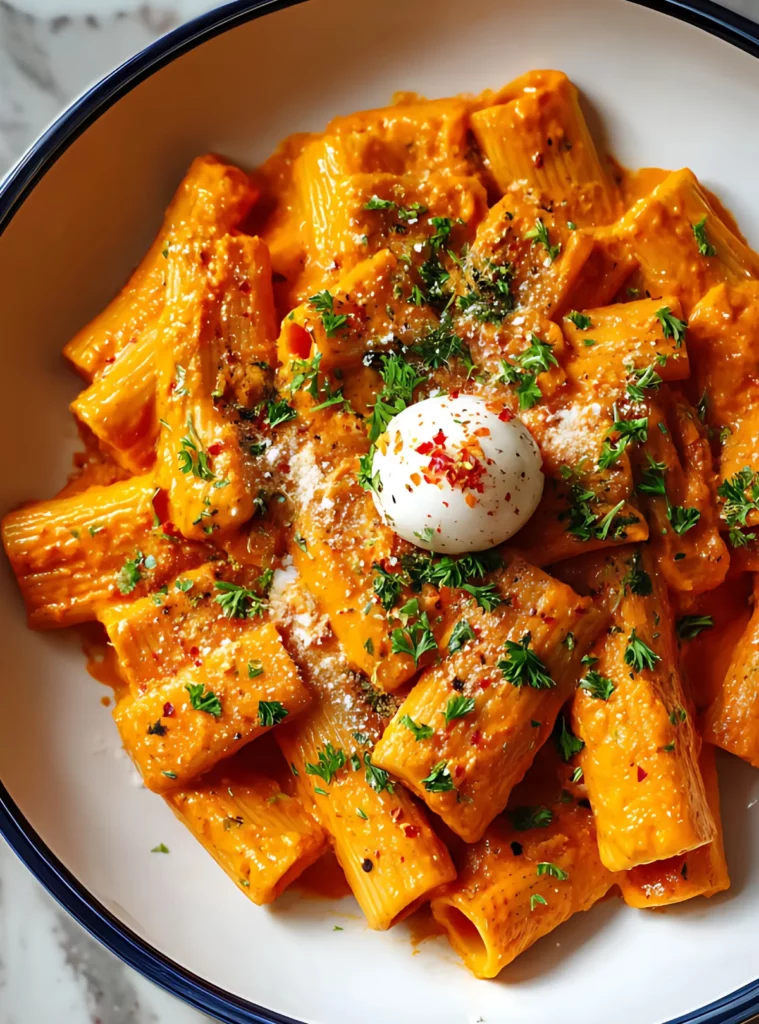 Creamy rigatoni pasta with parsley and mozzarella in a white bowl