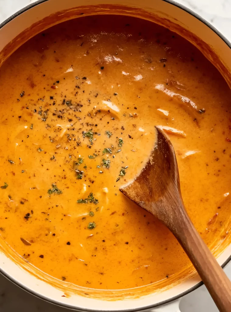 Creamy tomato orzo sauce simmering in a white pot