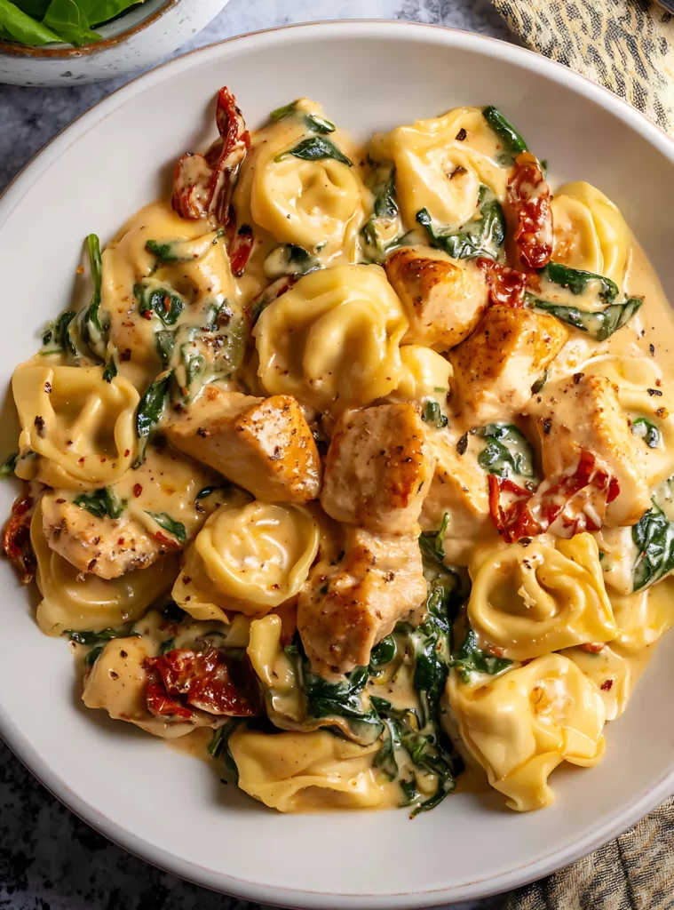 Creamy tortellini chicken pasta in white bowl