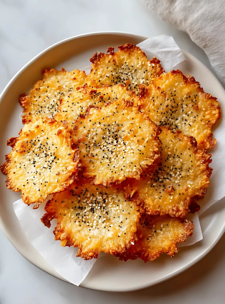 Crispy cheese chips on beige plate
