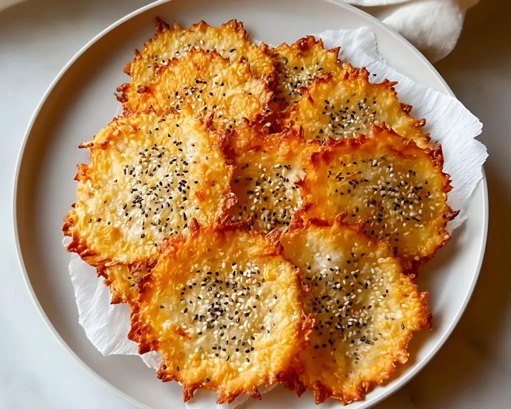 Crispy cheese chips with seasoning on white paper