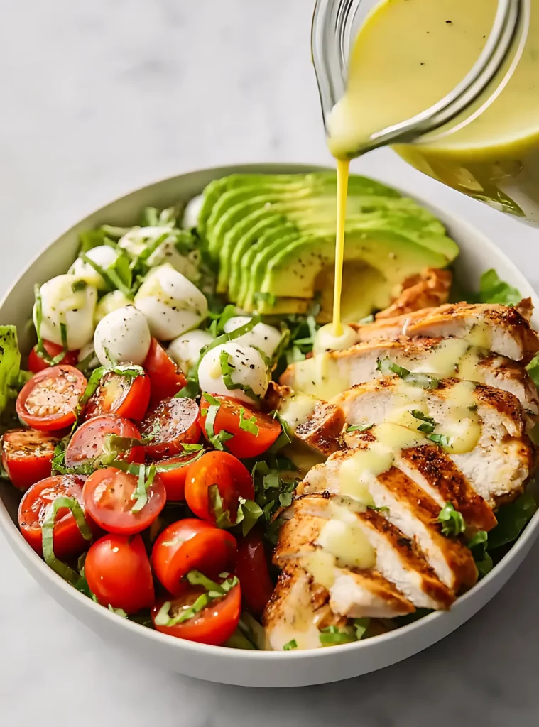 Dressing poured on caprese chicken salad