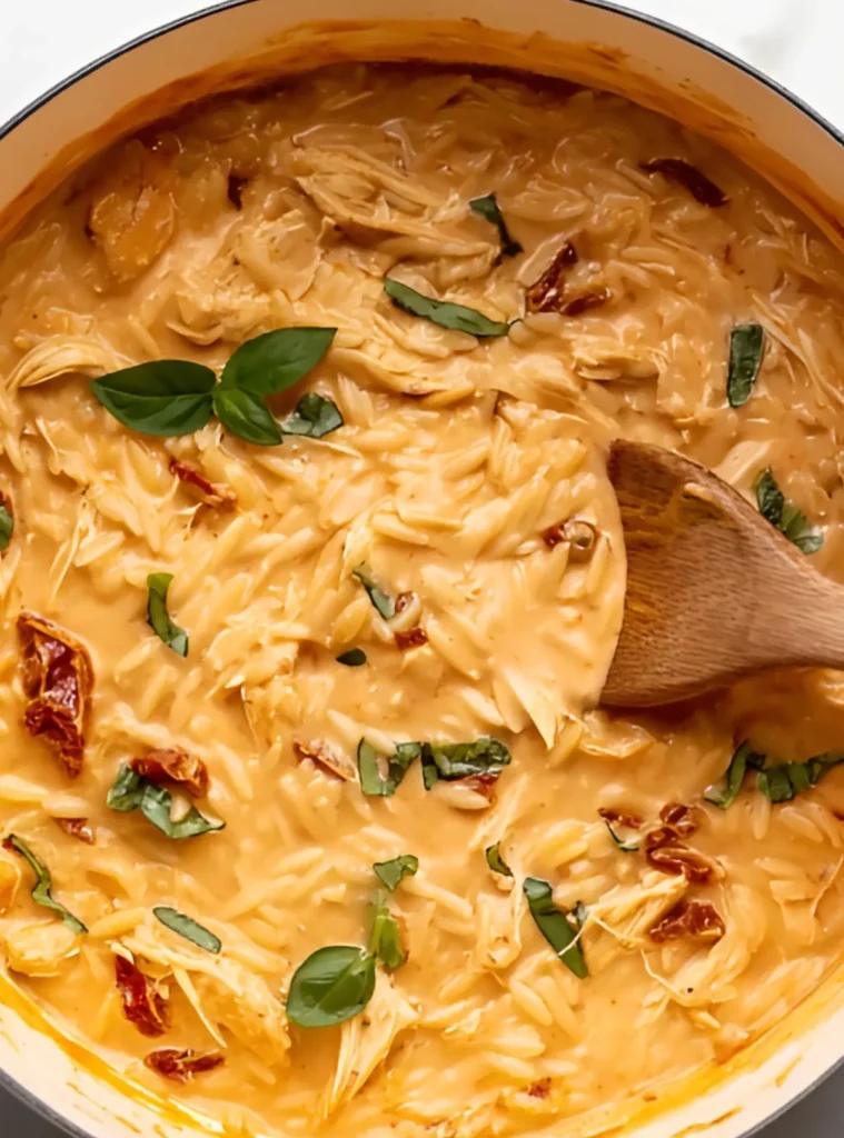Finished marry me chicken orzo with basil in a pot