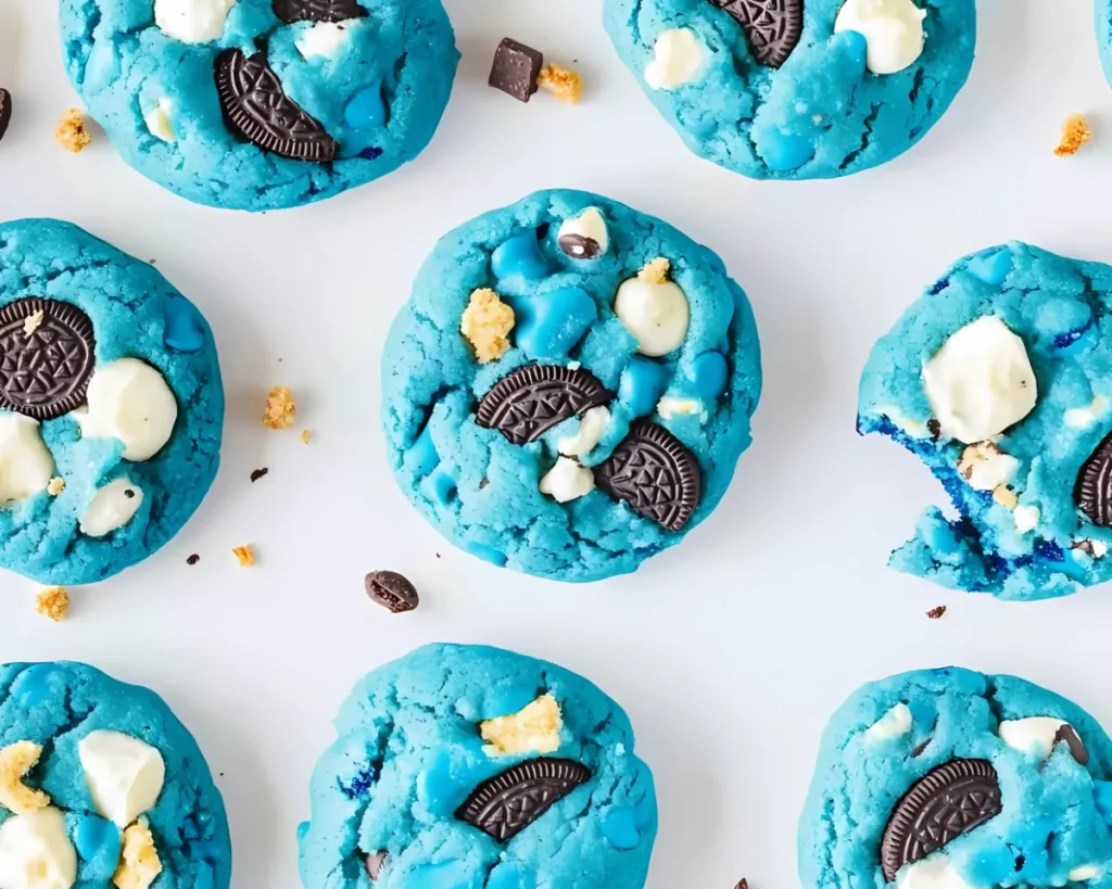 Flat lay of blue cookies with Oreos