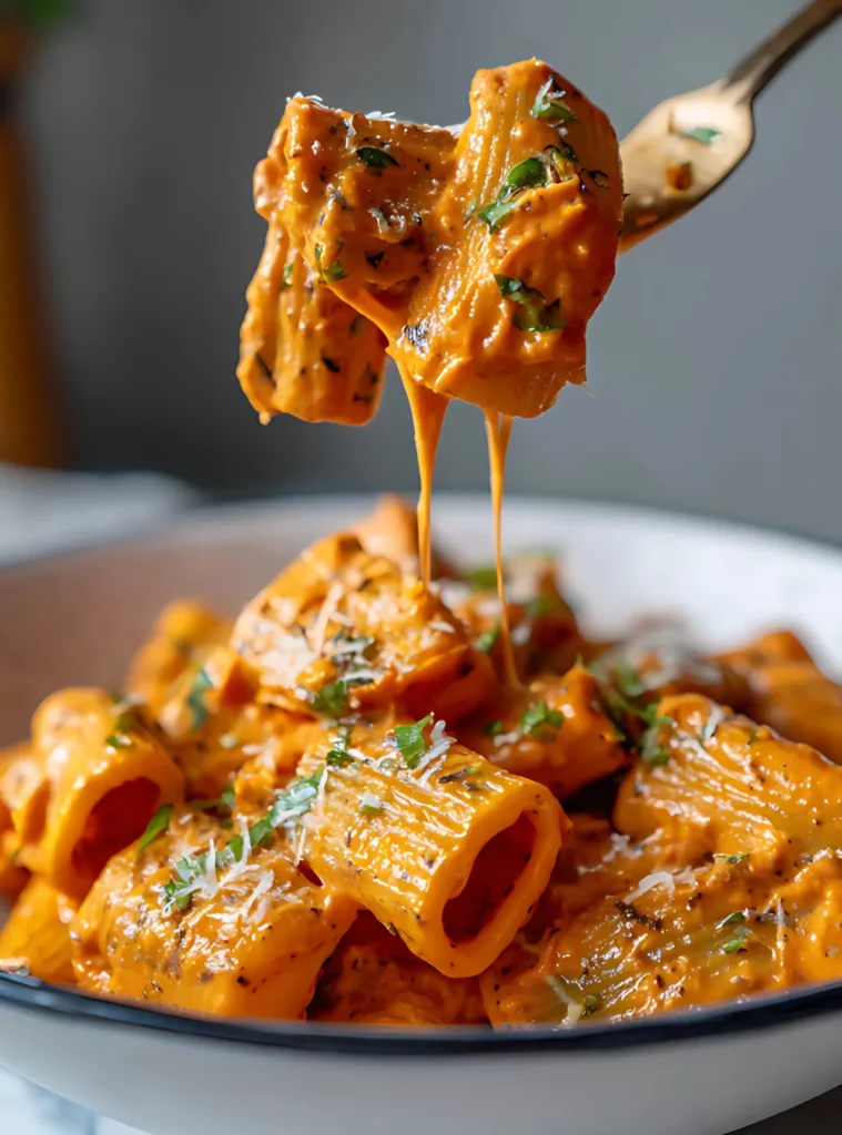 Fork lifting cheesy rigatoni with creamy tomato garlic sauce
