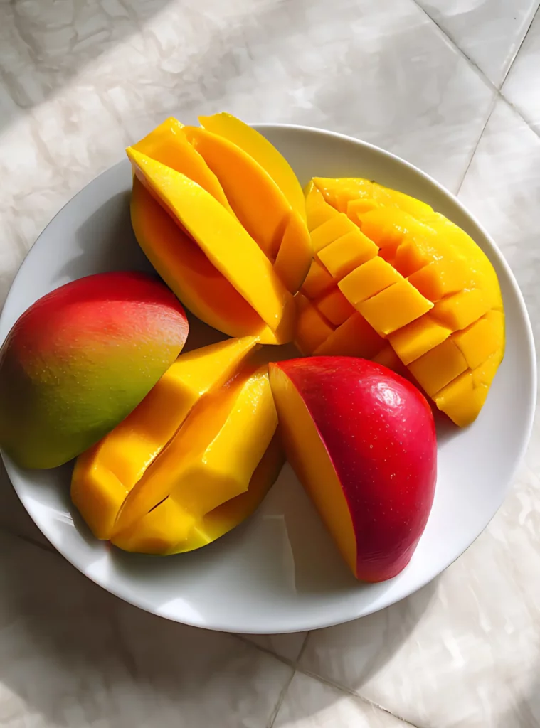 Fresh mangoes sliced and cubed on a white plate