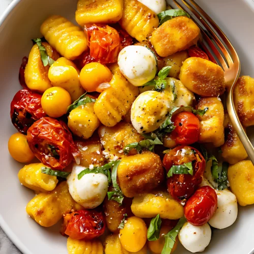 Gnocchi salad with tomatoes mozzarella and basil