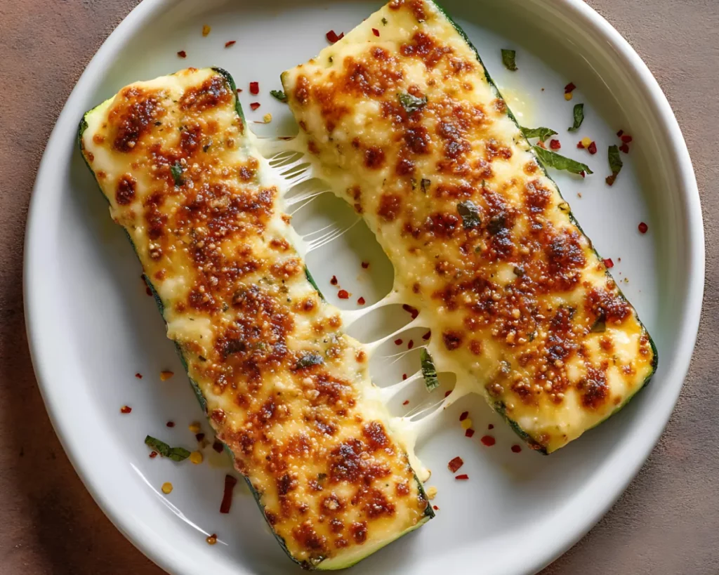 Golden cheesy zucchini steaks on white plate