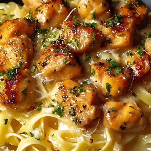 Golden chicken bites on creamy tagliatelle