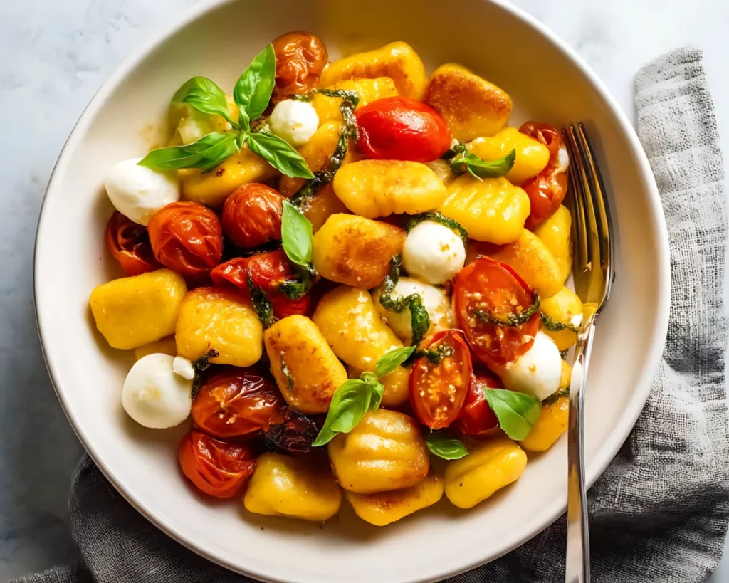 Golden gnocchi with basil and cherry tomatoes