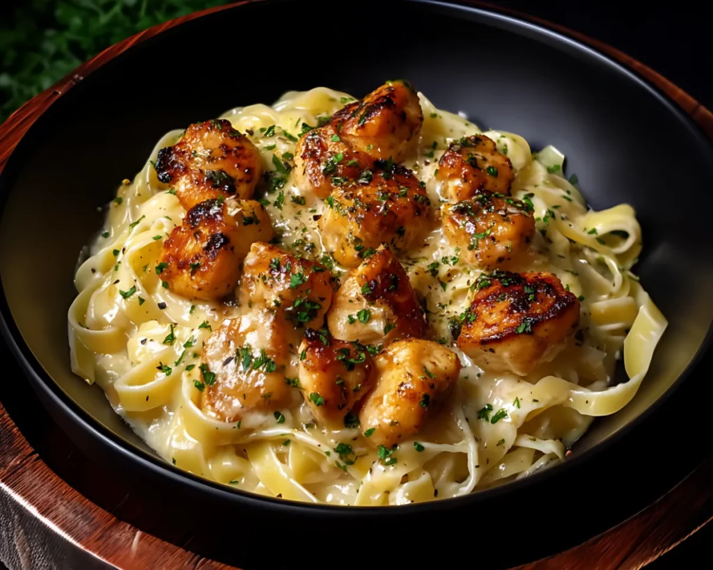 Grilled chicken bites with creamy noodles Recipe