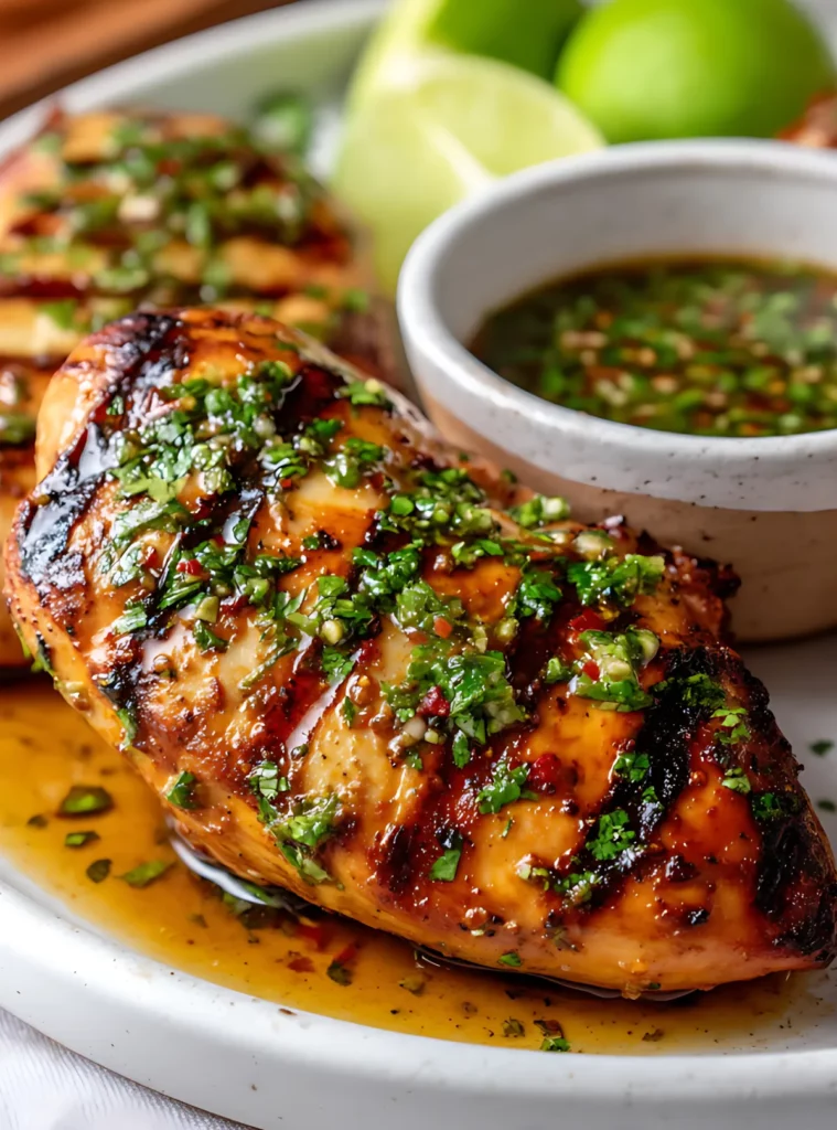 Grilled chicken breast with cilantro sauce