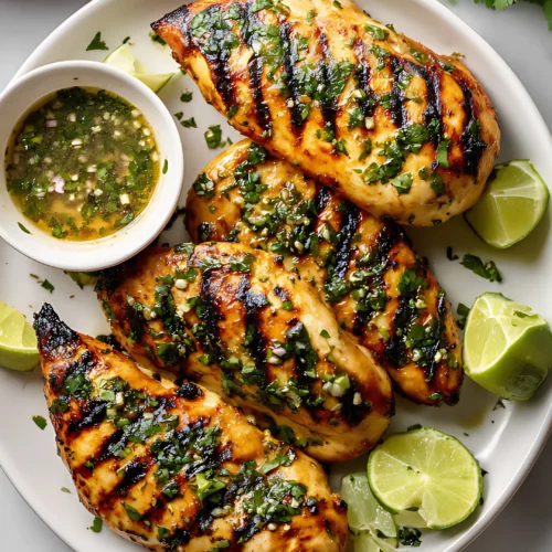 Grilled chicken breasts with cilantro lime sauce