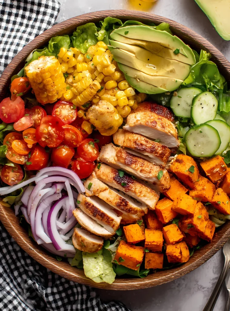 Grilled chicken salad with avocado corn and tomato