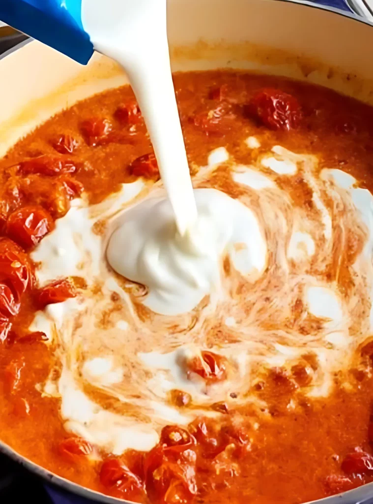 Image of a Cream being poured into tomato garlic sauce in a blue Dutch oven