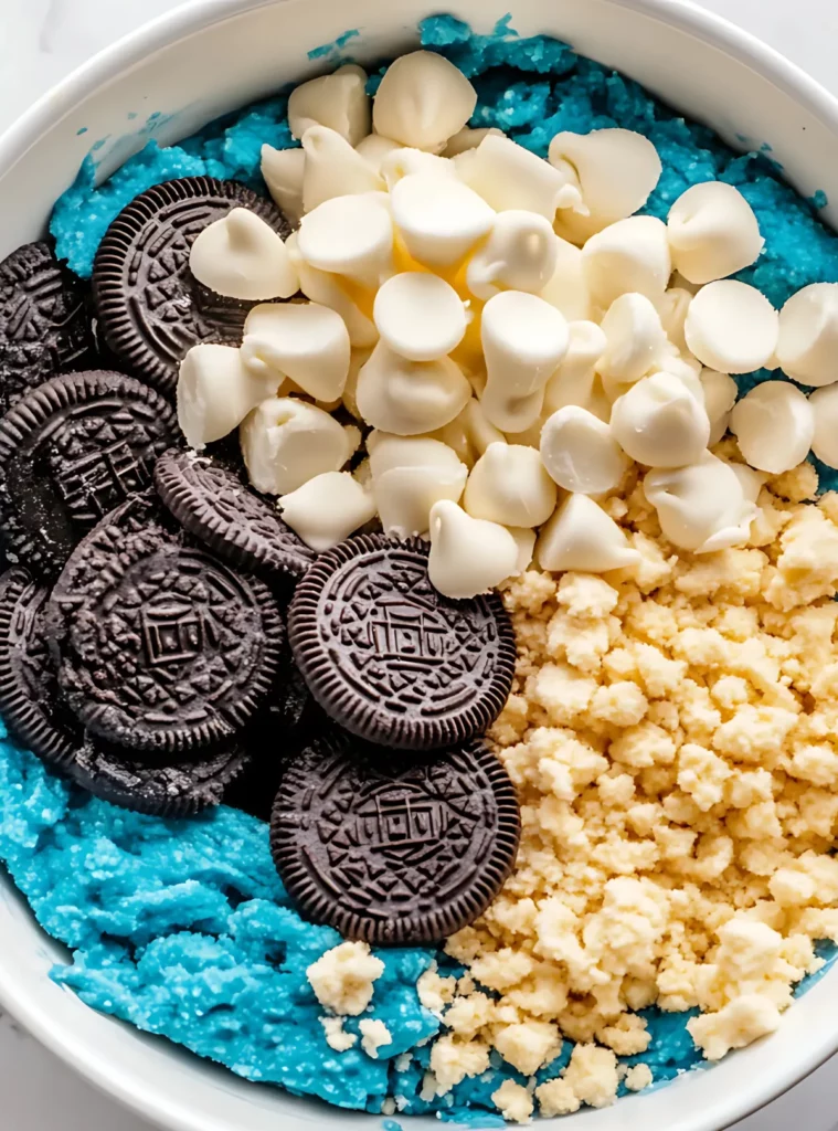 Ingredients on blue dough in white bowl