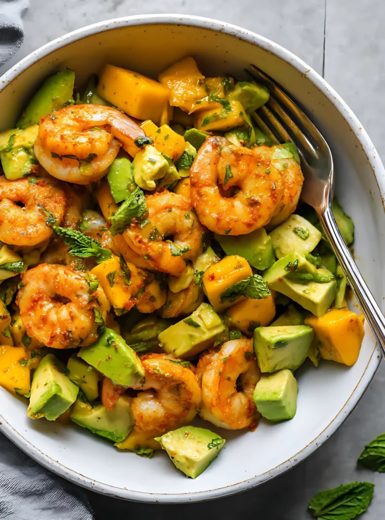 Mango avocado shrimp salad close-up in ceramic bowl
