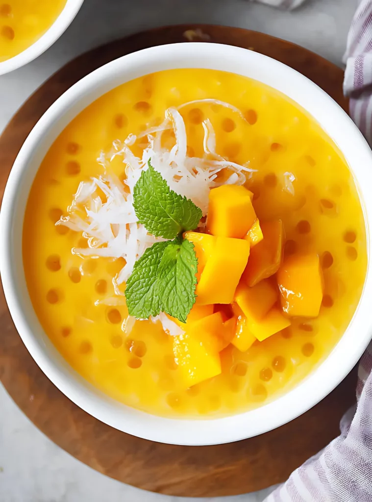 Mango sago dessert topped with mango cubes mint and pomelo pulp