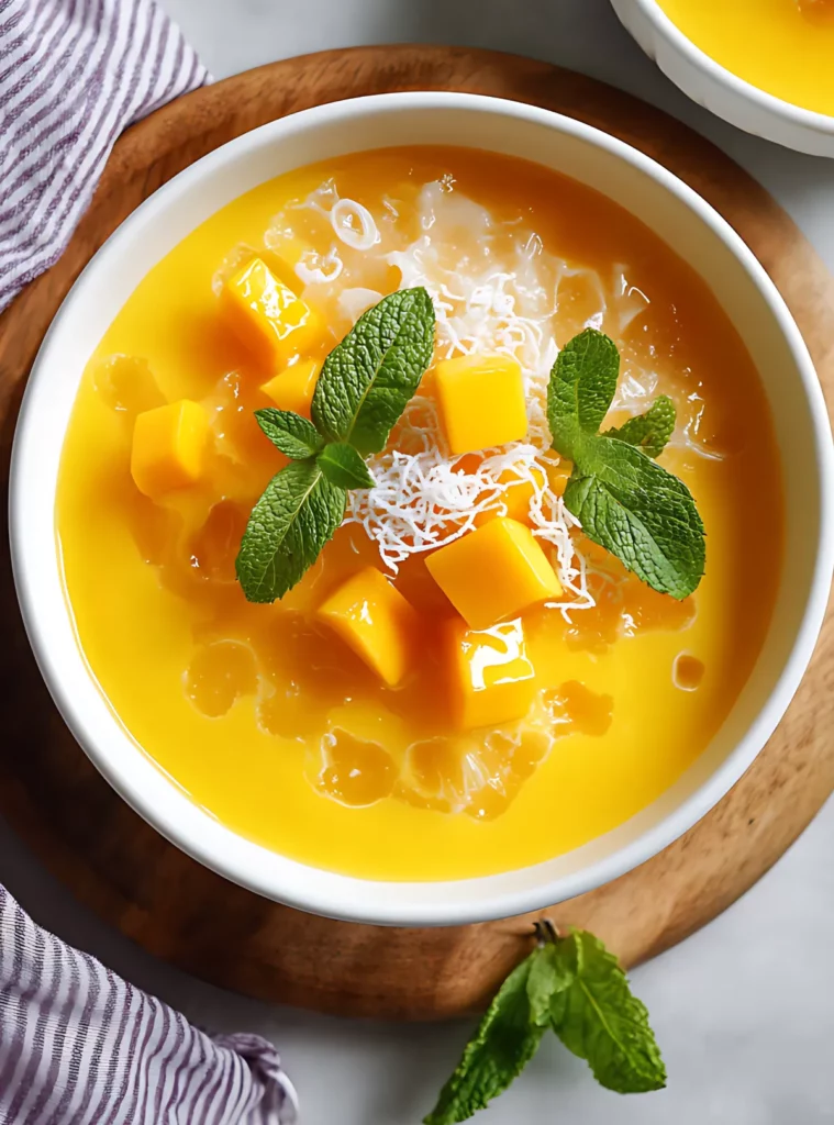 Mango sago dessert topped with mint and mango cubes