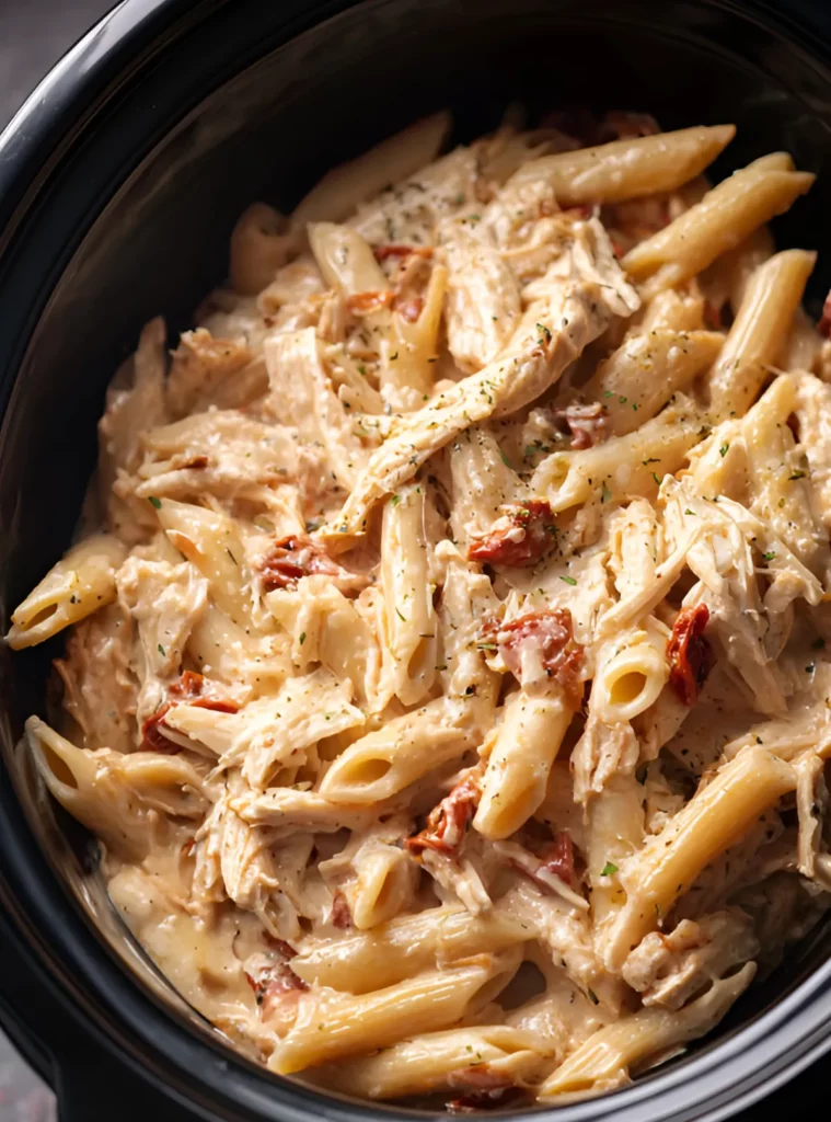 Marry Me Chicken Pasta with penne and herbs in black crockpot