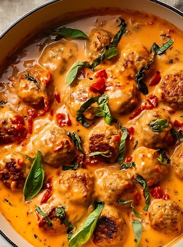 Meatballs in tomato cream sauce with fresh basil leaves