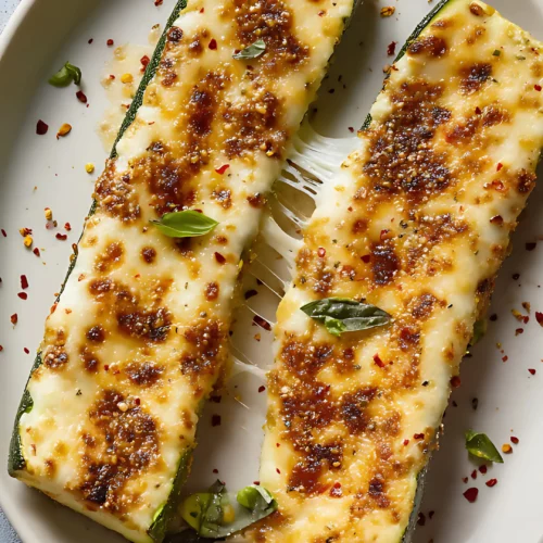 Melted cheesy zucchini on white plate with basil