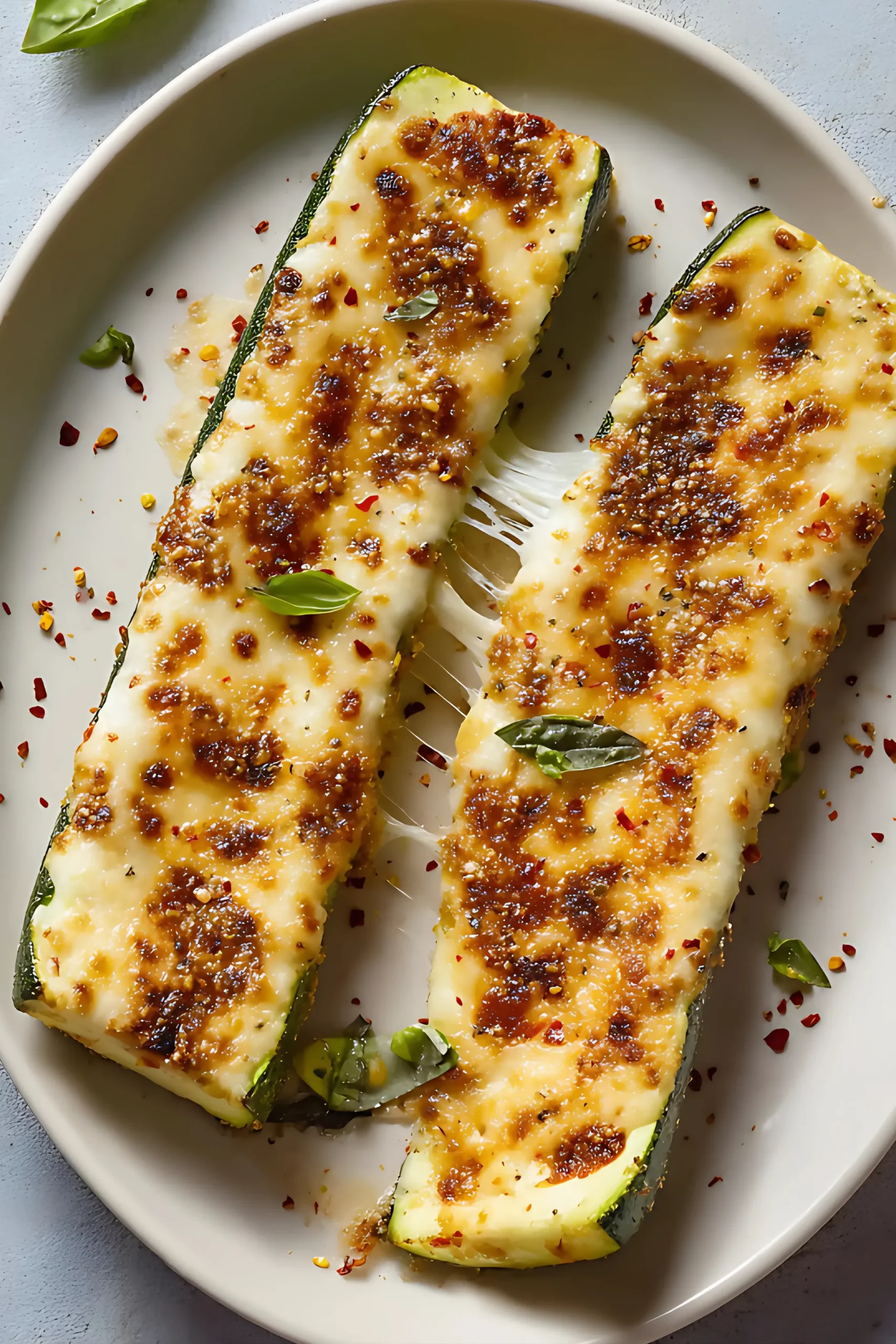 Melted cheesy zucchini on white plate with basil
