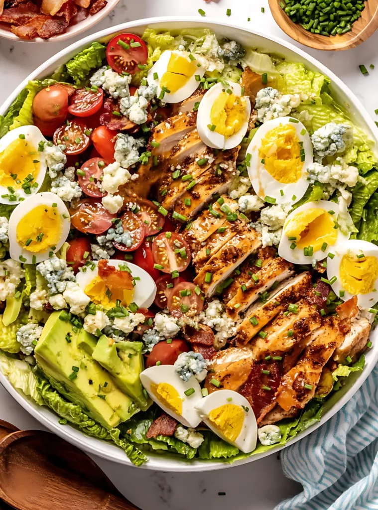 Overhead Cobb salad with grilled chicken eggs bacon and avocado