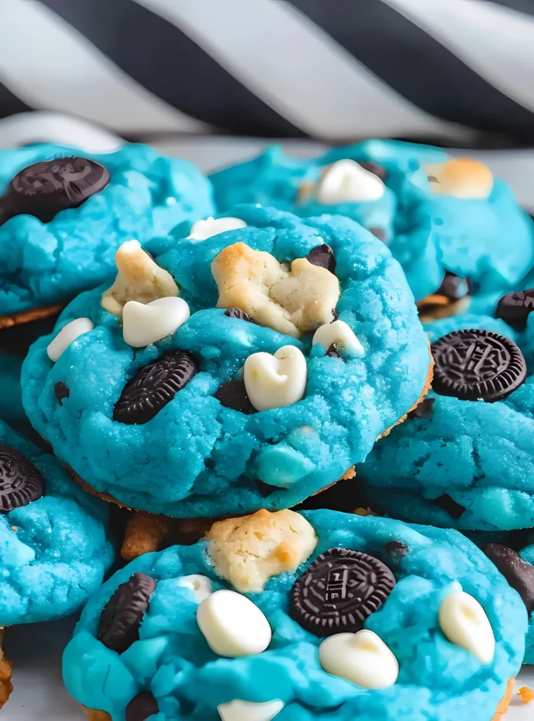 Pile of blue cookies with mini Oreos