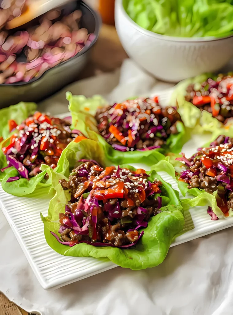 Plated beef lettuce wraps with sesame
